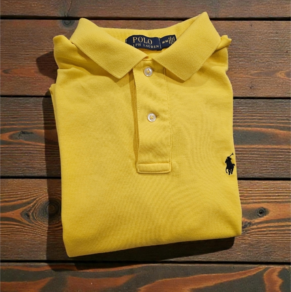 Polo Ralph Lauren Men's Yellow Polo Shirt With Blue Logo Size-M